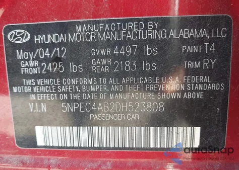 2013 Hyundai Sonata Se 2.0T z USA, uszkodzony, nr VIN 5NPEC4AB2DH523808